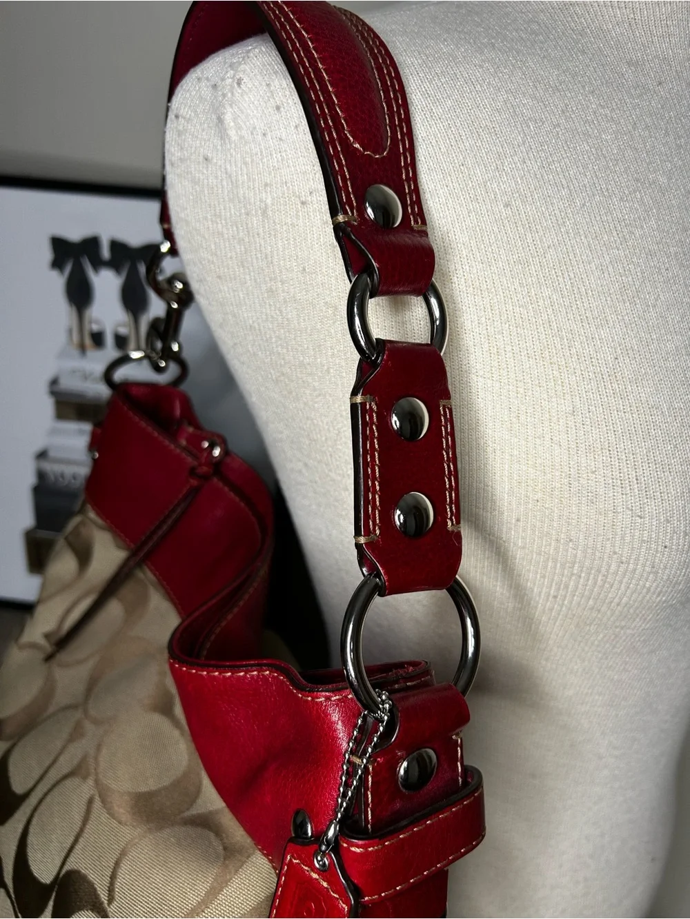 Coach Zoe Signature C Hobo Shoulder Bag  Khaki Jacquard Red Leather Trim